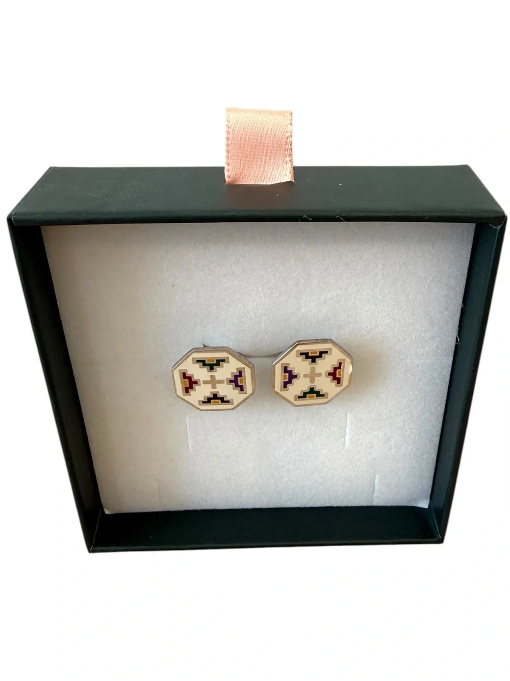 925 Silver Octagonal White Enamel Cufflinks with Multicolor Inlay